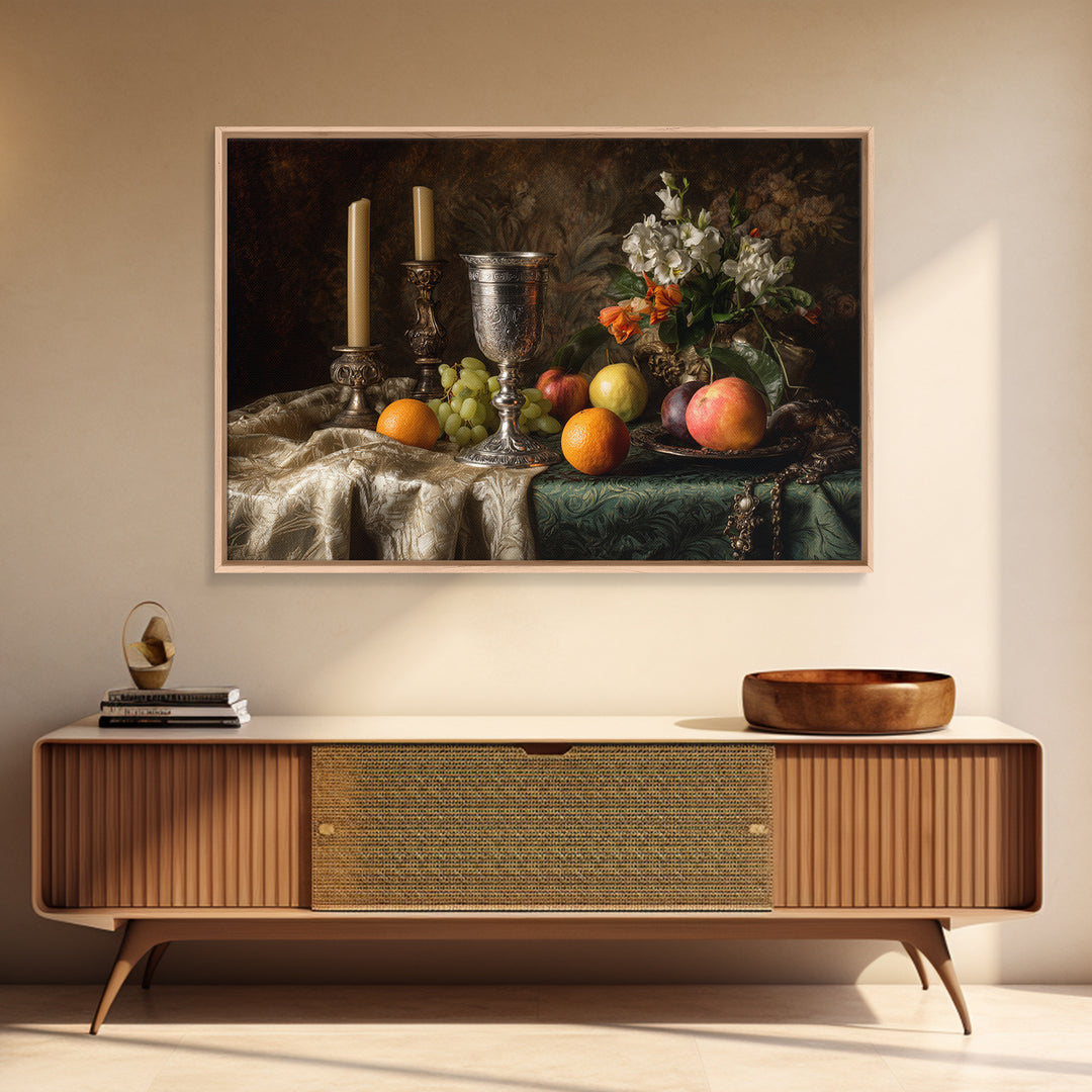 Dutch Fruit and Silver Goblet Still Life Framed Canvas Print, Traditional Art, Living Room Decor, Watercolor Art, Classic, TRA-3x2-80