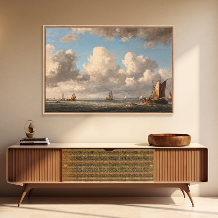 Seascape with Sailboats and Cloudy Sky Framed Canvas Print, Traditional Art, Fine Art Print, Living Room Decor, Classic, TRA-3x2-81