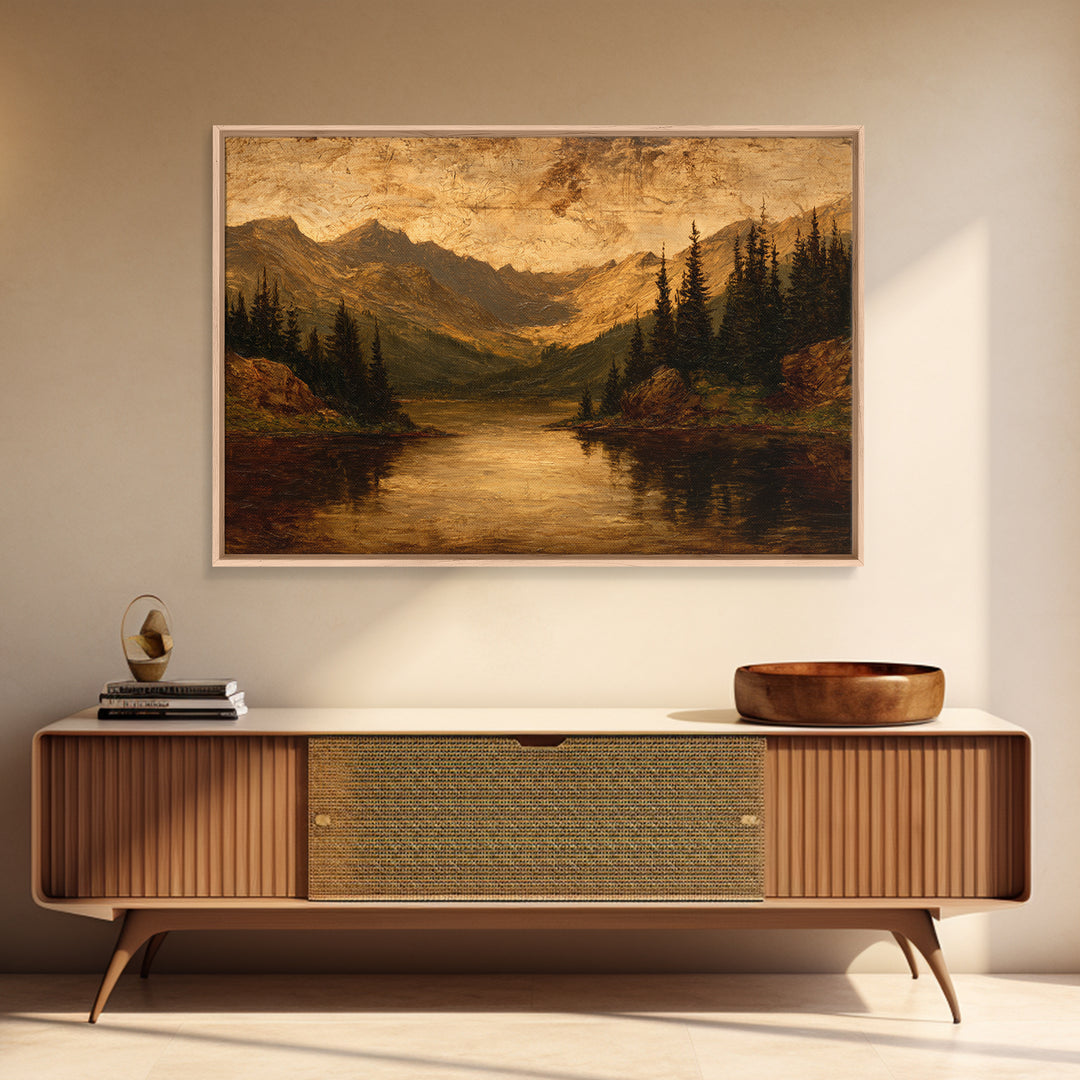 Mountain Lake with Pine Forest Reflection Canvas Print, Traditional Art, Statement Artwork, Living Room Decor, Classic, TRA-3x2-85