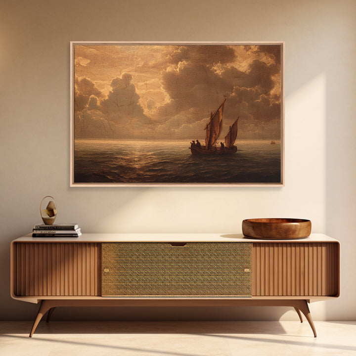 Ship at Sea Framed Canvas Print, Traditional Art, Indian Decor, Living Room Decor, Fine Art, Classic, Luxury Decor, TRA-3x2-90