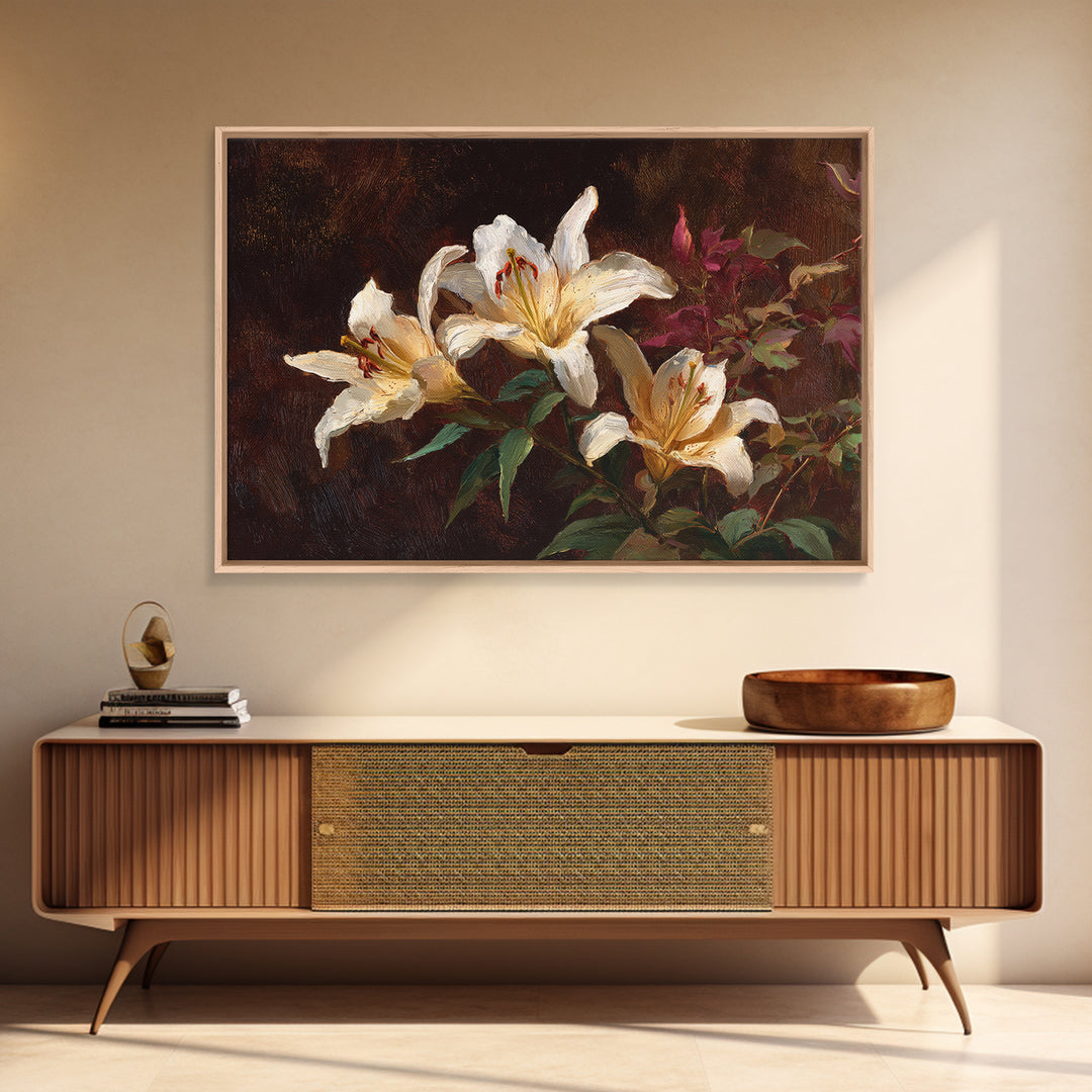 White Lilies on Dark Background Framed Canvas Print, Traditional Art, Digital Print, Living Room Decor, Oil Painting, Classic, TRA-3x2-91