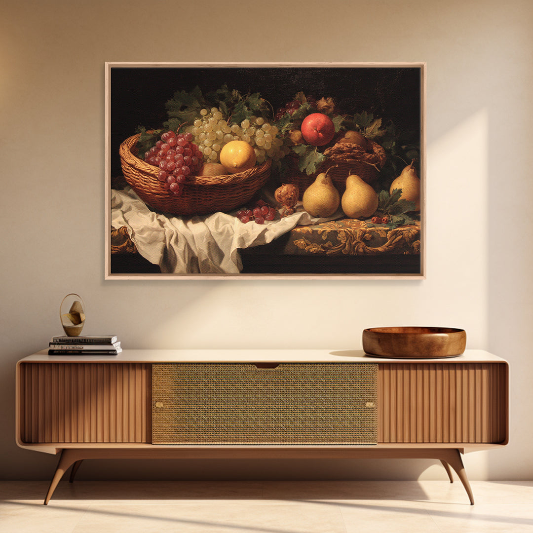 Basket of Apples and Pears on Linen Canvas Print, Traditional Art, Landscape, Living Room Decor, Fine Art, Classic, TRA-3x2-94