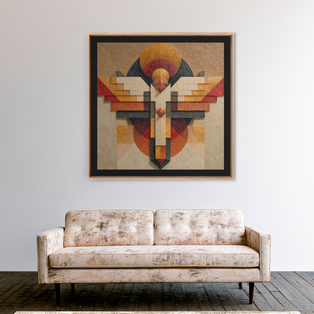 Eagle Totem with Feathers and Geometric Shapes Framed Canvas Print, Tribal Art, Tribal Design, Living Room Decor, Tribal, TRI-1x1-84