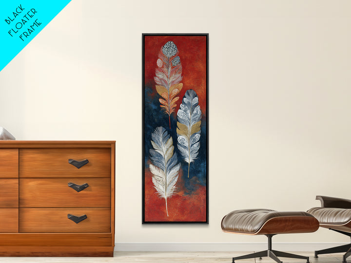 Feather Arrangement with Red Ochre Background Canvas Print, Tribal Art, Neutral Decor, Living Room Decor, Oil Painting, Tribal, TRI-1x3-55