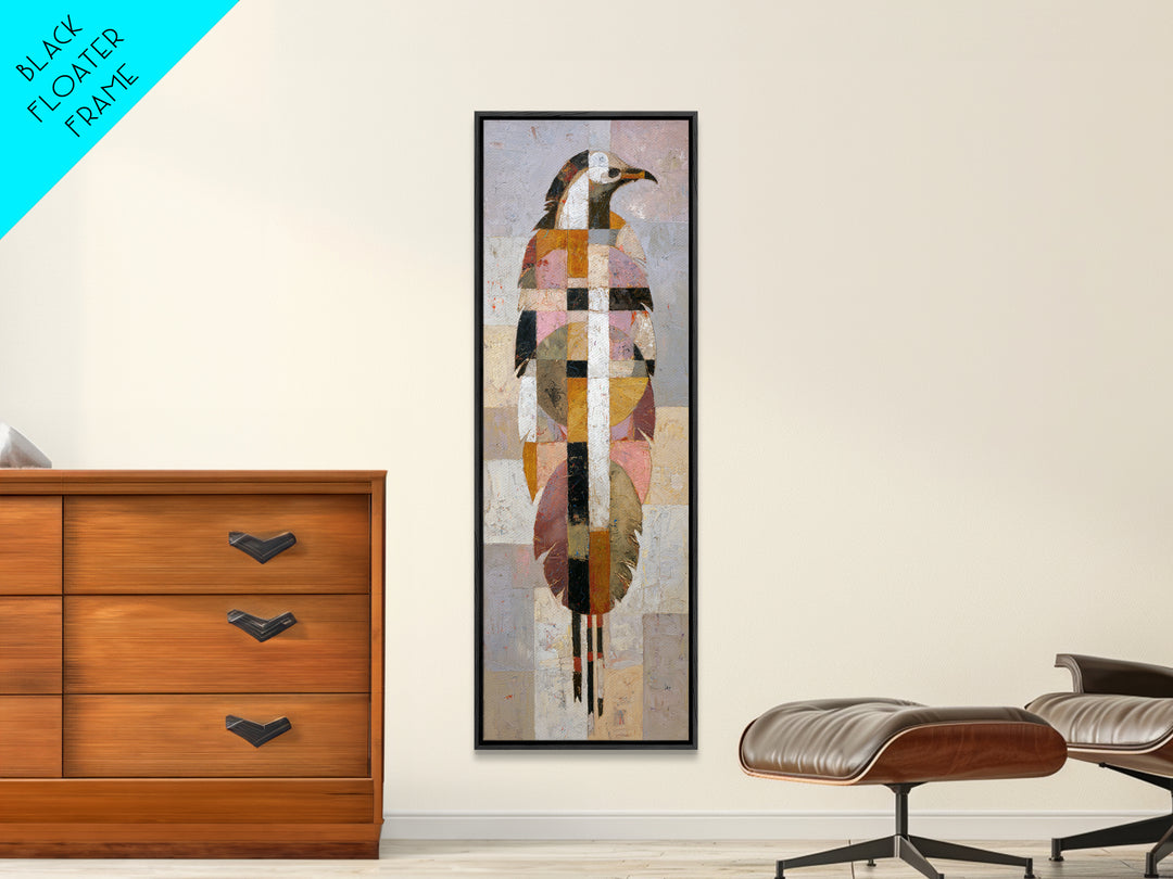 Eagle Totem with Feathers and Geometric Shapes Framed Canvas Print, Tribal Art, Statement Artwork, Living Room Decor, Tribal, TRI-1x3-96