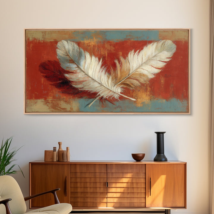 Feather Arrangement with Red Ochre Background Framed Canvas Print, Tribal Art, Living Room Decor, Watercolor Art, Tribal, TRI-2x1-15