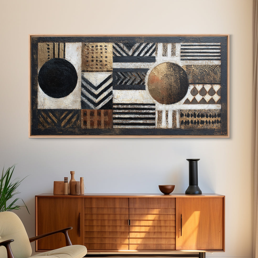 Mud Cloth Black and Cream Pattern Framed Canvas Print, Tribal Art, African Wall Art, Living Room Decor, Fine Art, Tribal, TRI-2x1-3