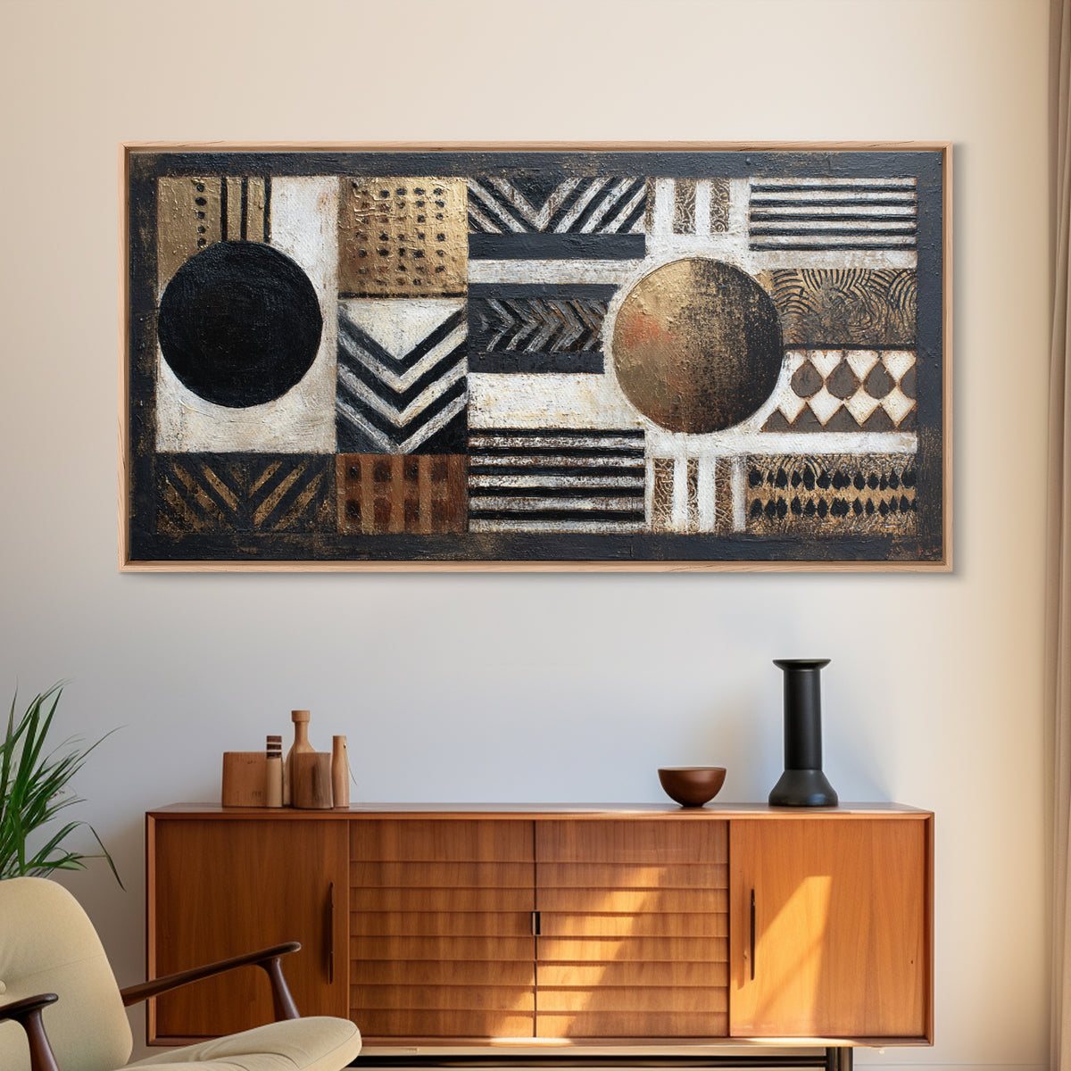 Mud Cloth Black and Cream Pattern Framed Canvas Print, Tribal Art, African Wall Art, Living Room Decor, Fine Art, Tribal, TRI-2x1-3