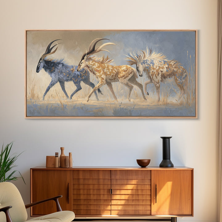 Ancient Cave Art Running Animals Framed Canvas Print, Tribal Art, Gallery Wall Art, Living Room Decor, Watercolor Art, Tribal, TRI-2x1-5