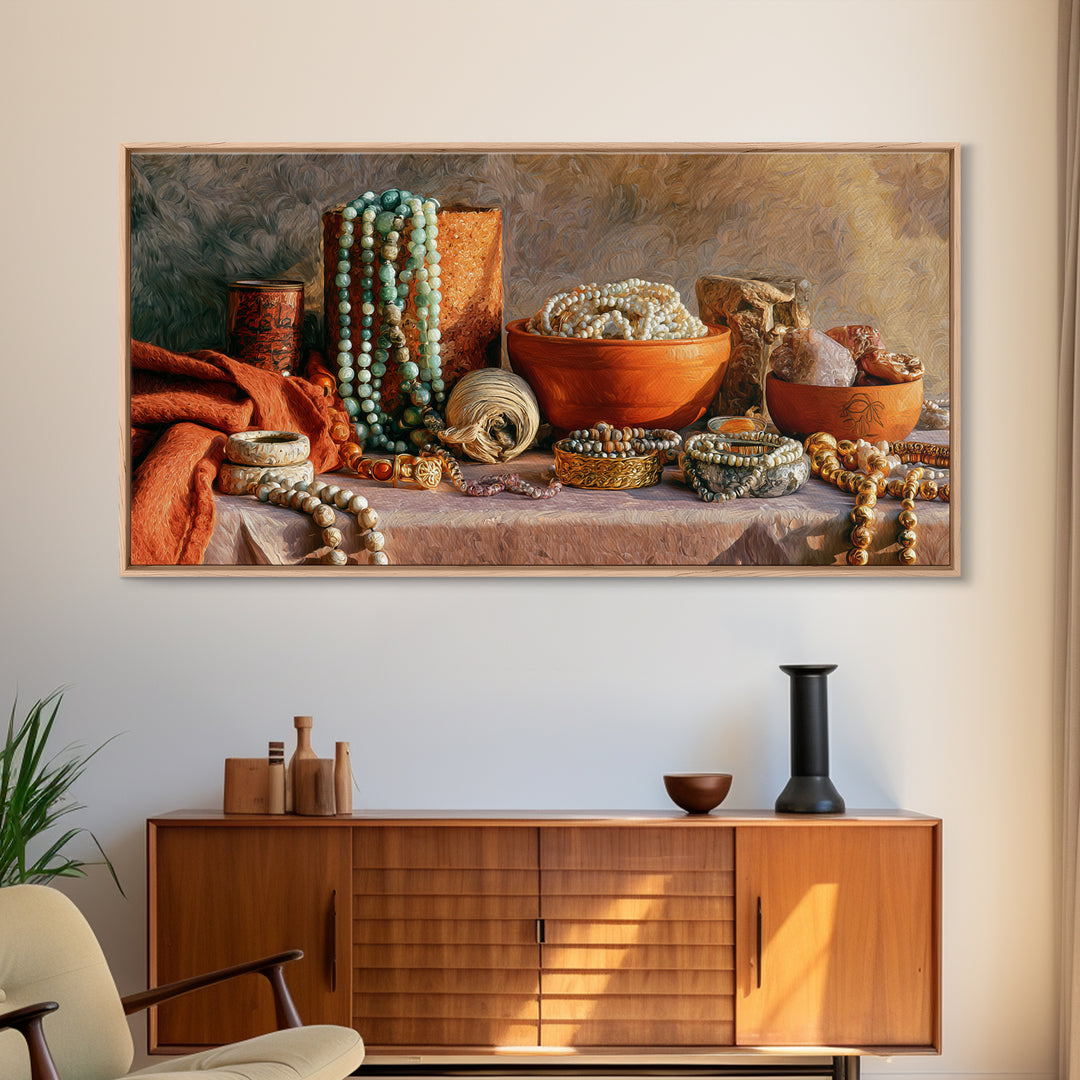 Beaded Jewelry Still Life Canvas Print, Tribal Art, Abstract Wall Art, Living Room Decor, Fine Art, Tribal, Black and White Art, TRI-2x1-54