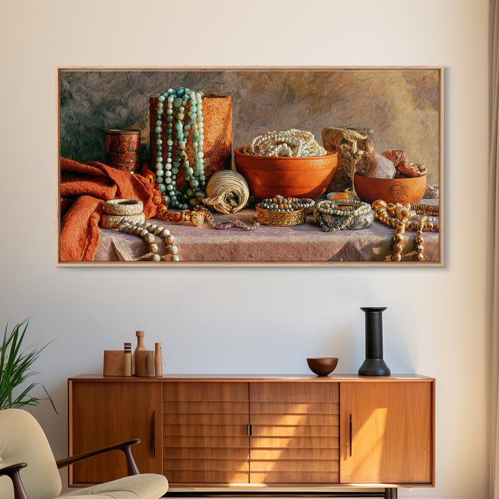 Beaded Jewelry Still Life Canvas Print, Tribal Art, Abstract Wall Art, Living Room Decor, Fine Art, Tribal, Black and White Art, TRI-2x1-54