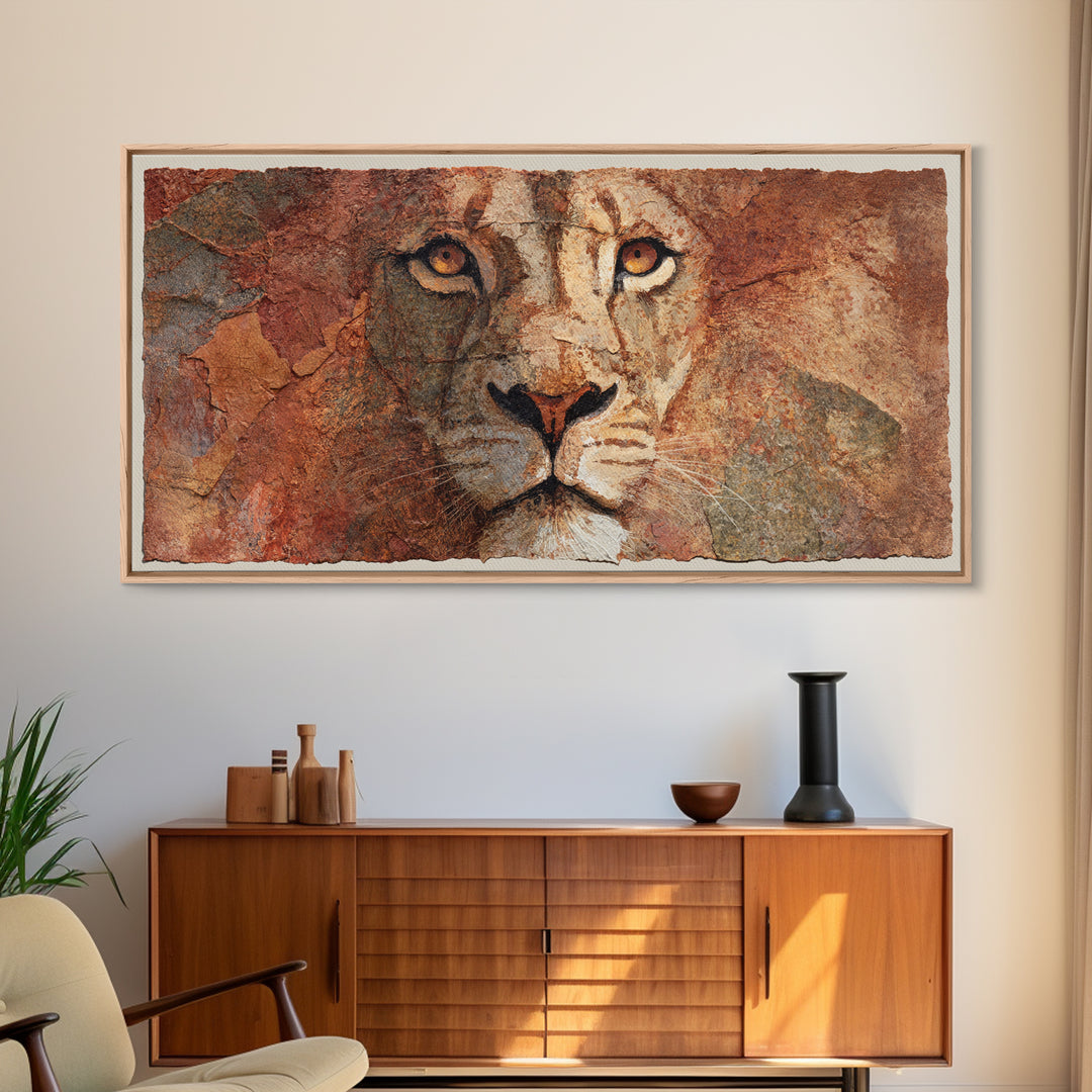 Lion Mask Abstraction Framed Canvas Print, Tribal Art, Living Room Decor, Tribal, Rustic Home Decor, Black and White Art, TRI-2x1-60