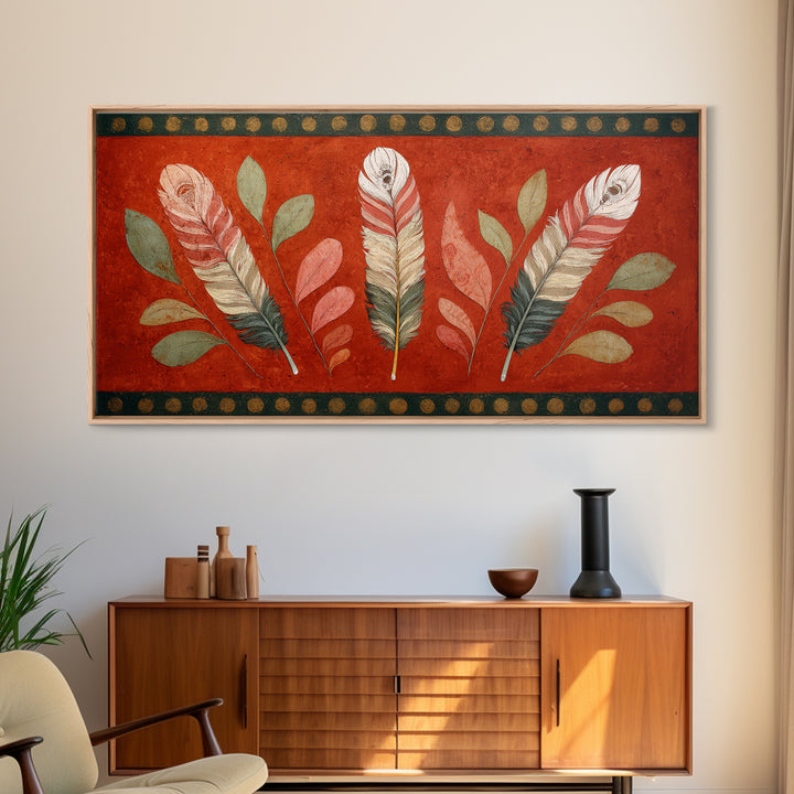 Feather Arrangement with Red Ochre Background Canvas Print, Tribal Art, Black and White Art, Living Room Decor, Tribal, TRI-2x1-63