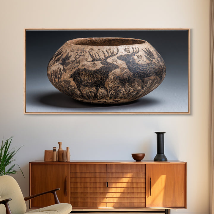 Clay Pottery Vessel Framed Canvas Print, Tribal Art, Abstract Art, Living Room Decor, Fine Art, Tribal, Afrocentric Wall Art, TRI-2x1-83
