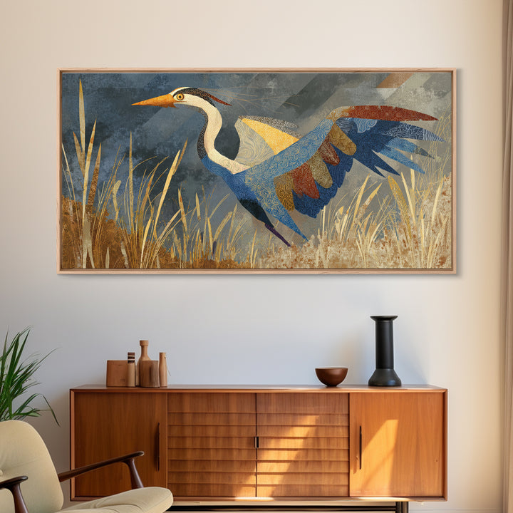 Totemic Bird with Patterned Wings Framed Canvas Print, Tribal Art, Gallery Wall Art, Living Room Decor, Oil Painting, Tribal, TRI-2x1-92