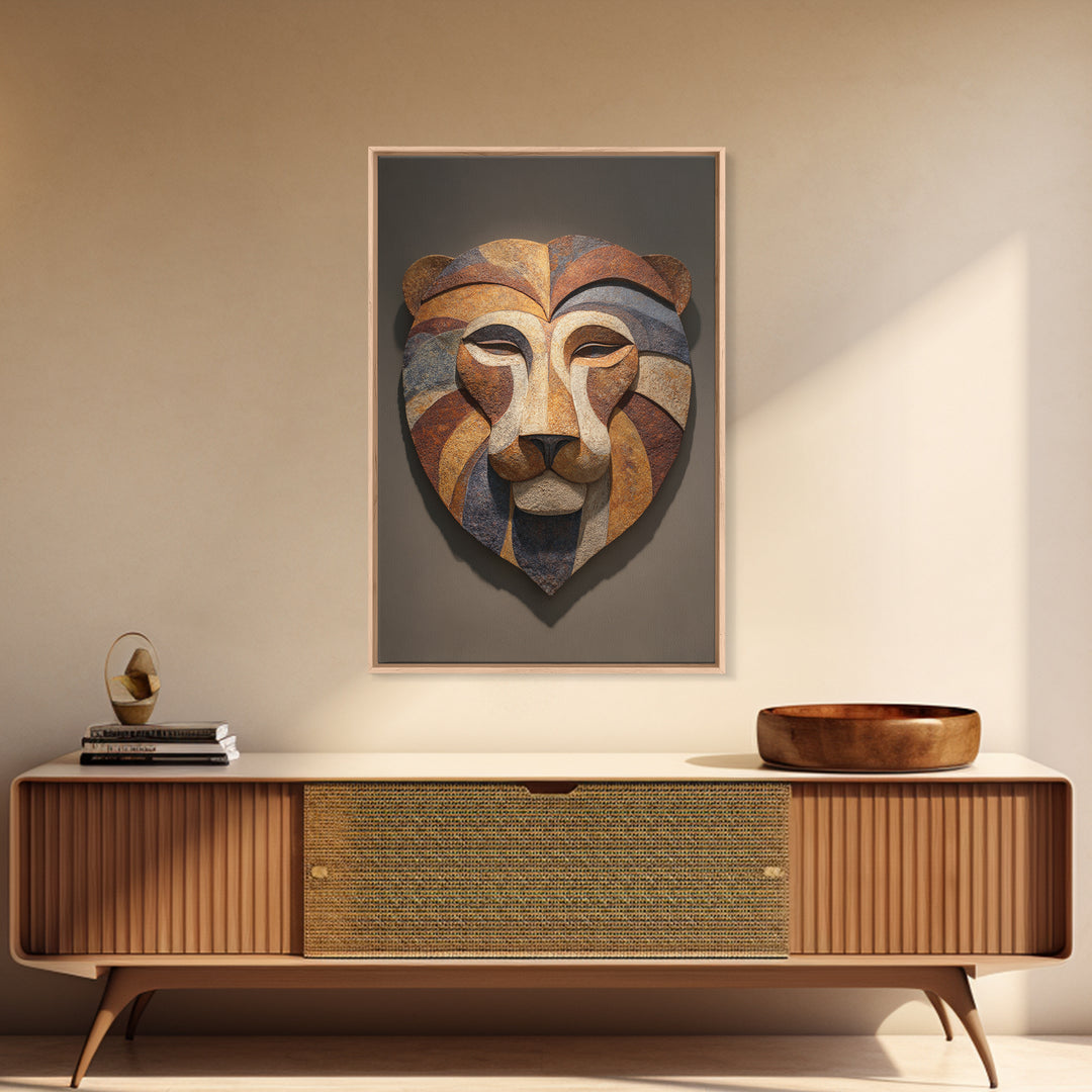 Lion Mask Abstraction Framed Canvas Print, Tribal Art, Contemporary Art, Living Room Decor, Abstract Art, Tribal, Boho Decor, TRI-2x3-24