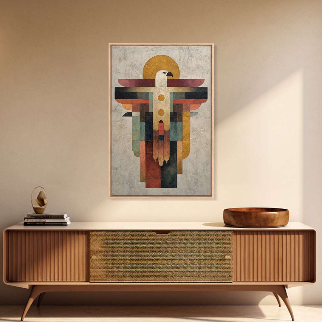 Eagle Totem with Feathers and Geometric Shapes Framed Canvas Print, Tribal Art, Living Room Decor, Abstract Art, Tribal, TRI-2x3-44