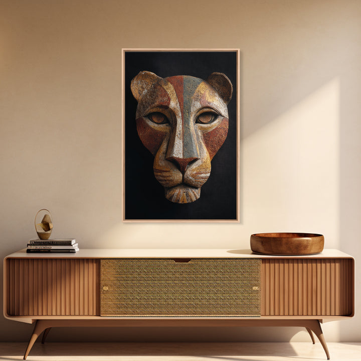 Lion Mask Abstraction Framed Canvas Print, Tribal Art, Boho Wall Decor, Living Room Decor, Abstract Art, Tribal, Fine Art, TRI-2x3-48