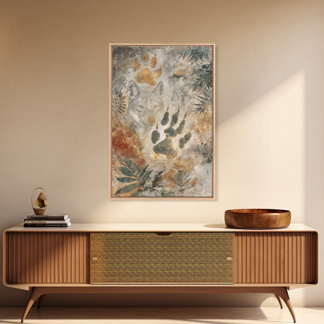 Handprint and Animal Track Composition Framed Canvas Print, Tribal Art, Earthy, Living Room Decor, Fine Art, Tribal, TRI-2x3-73