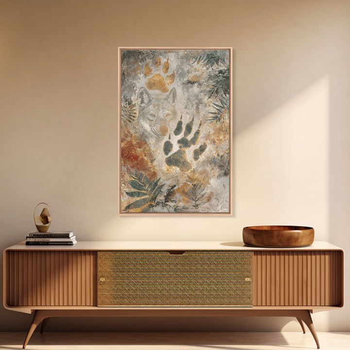Handprint and Animal Track Composition Framed Canvas Print, Tribal Art, Earthy, Living Room Decor, Fine Art, Tribal, TRI-2x3-73