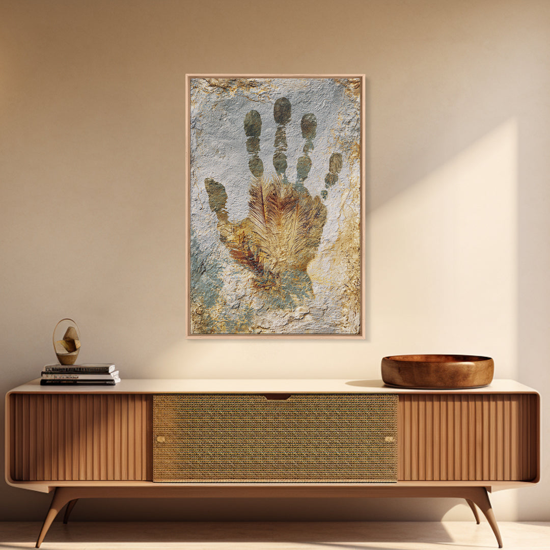Handprint and Animal Track Composition Framed Canvas Print, Tribal Art, Earthy, Living Room Decor, Fine Art, Tribal, TRI-2x3-97