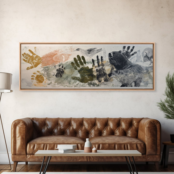 Handprint and Animal Track Composition Framed Canvas Print, Tribal Art, Statement Artwork, Living Room Decor, Fine Art, Tribal, TRI-3x1-57