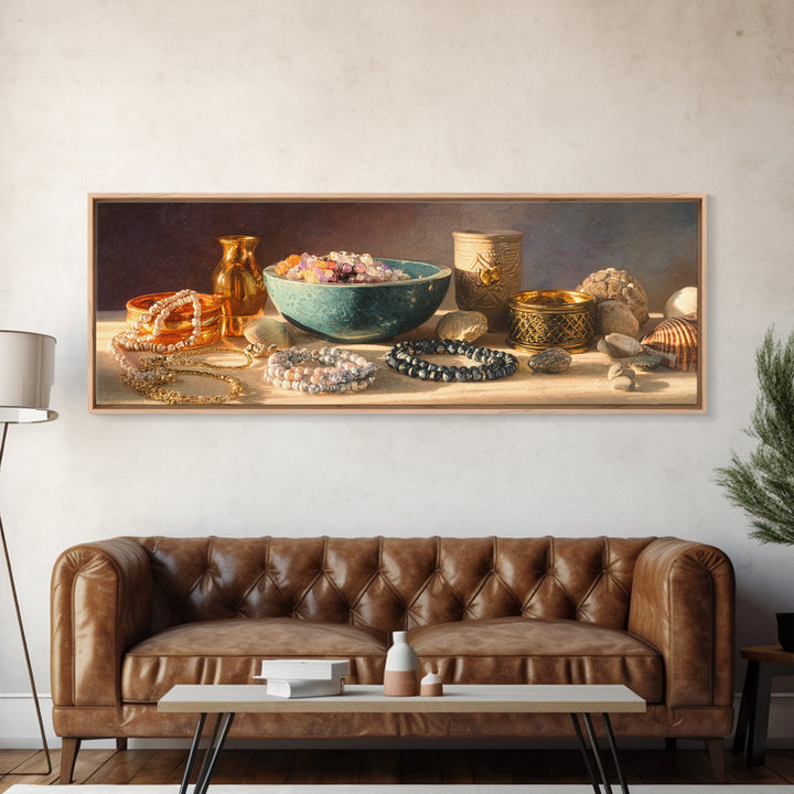 Beaded Jewelry Still Life Framed Canvas Print, Tribal Art, Tribal Design, Living Room Decor, Oil Painting, Tribal, TRI-3x1-74