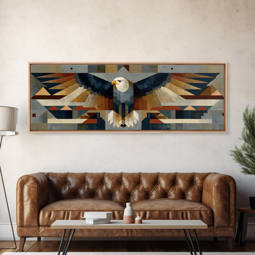 Eagle Totem with Feathers and Geometric Shapes Canvas Print, Tribal Art, Original Painting, Living Room Decor, Fine Art, Tribal, TRI-3x1-76