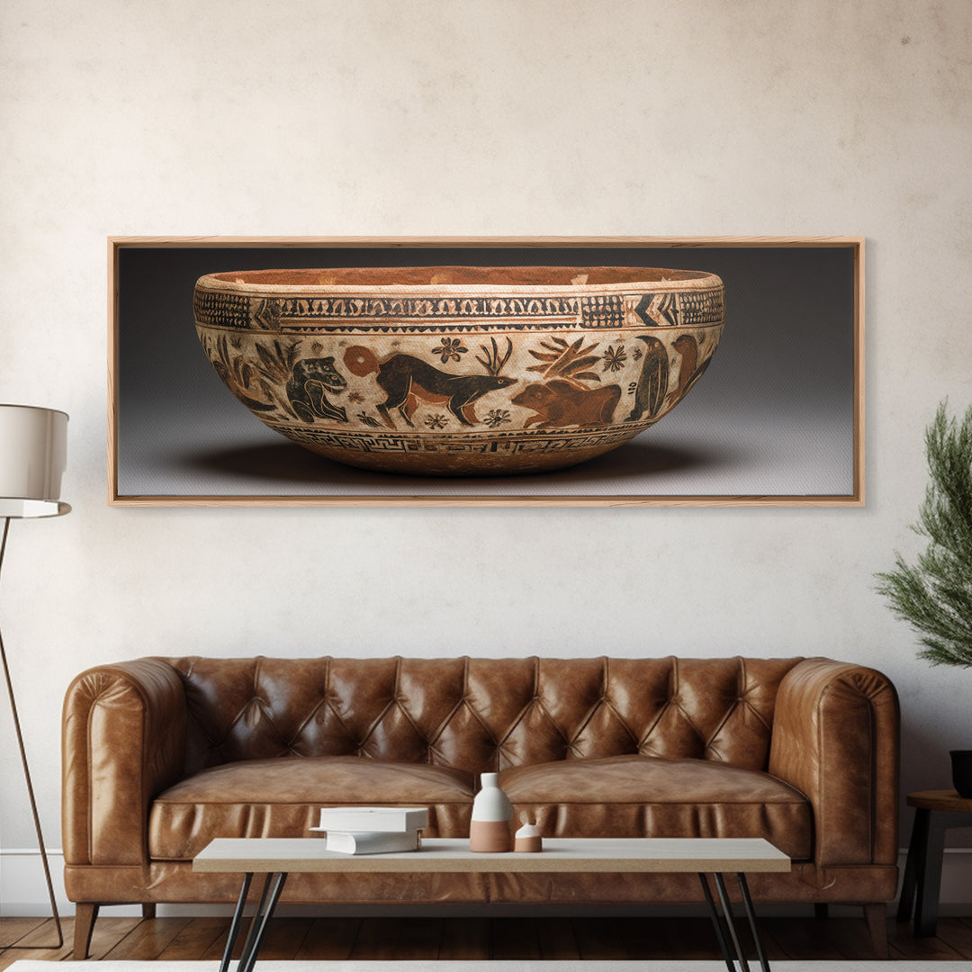 Clay Pottery Vessel Framed Canvas Print, Tribal Art, Native American Art, Living Room Decor, Oil Painting, Tribal, TRI-3x1-79