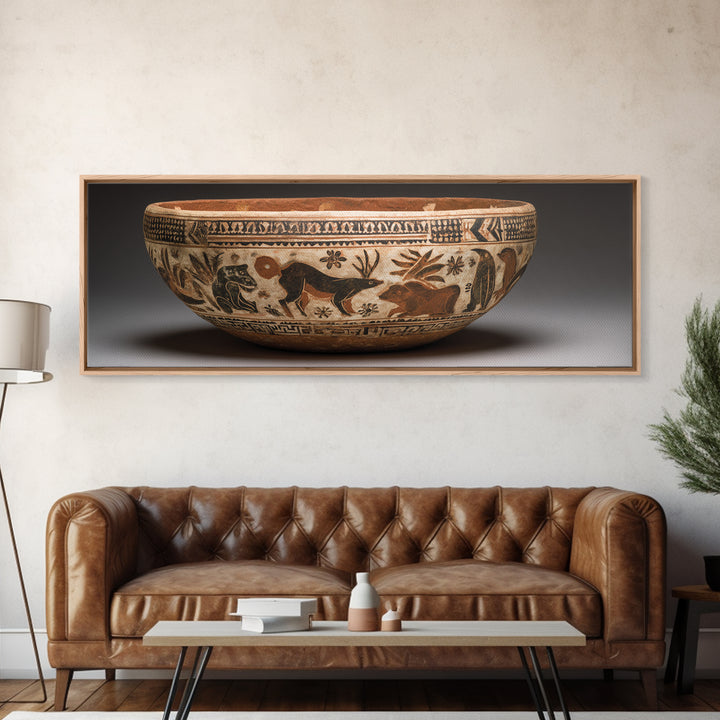 Clay Pottery Vessel Framed Canvas Print, Tribal Art, Native American Art, Living Room Decor, Oil Painting, Tribal, TRI-3x1-79