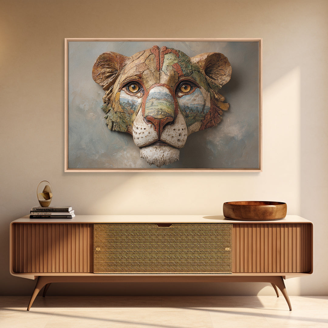 Lion Mask Abstraction Canvas Print, Tribal Art, Textured Painting, Living Room Decor, Abstract Art, Tribal, Unique Wall Art, TRI-3x2-44