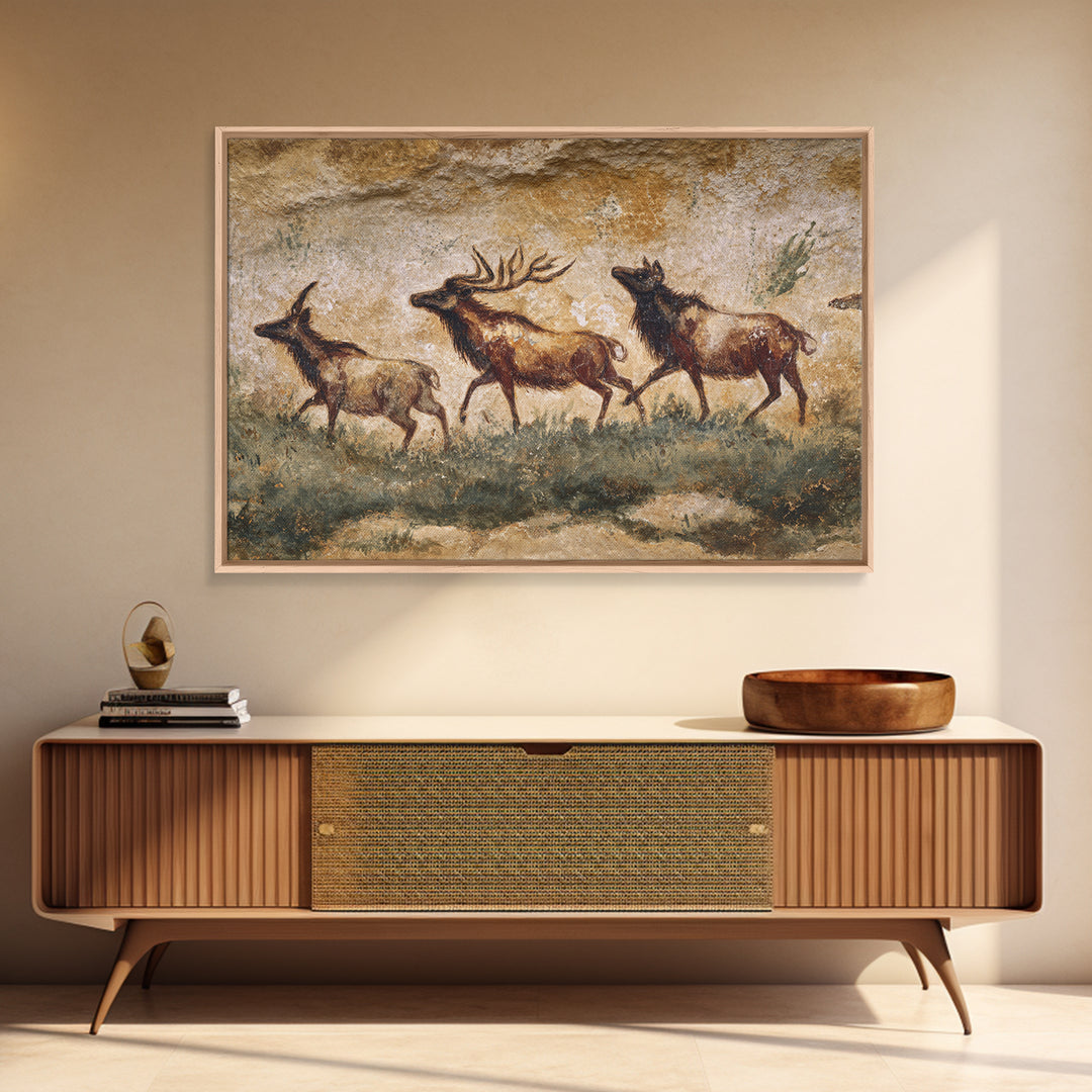 Ancient Cave Art Running Animals Framed Canvas Print, Tribal Art, Wall Art, Living Room Decor, Tribal, Abstract Painting, TRI-3x2-85
