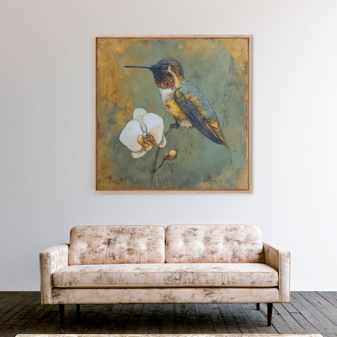 Orchid and Hummingbird Composition Canvas Print, Tropical Art, Trendy Wall Art, Living Room Decor, Tropic, Luxury Decor, TRO-1x1-10