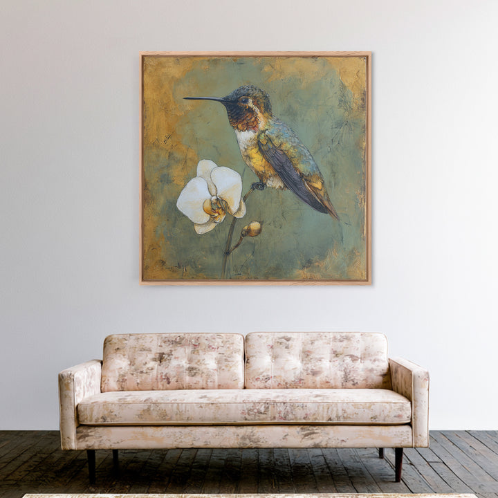 Orchid and Hummingbird Composition Canvas Print, Tropical Art, Trendy Wall Art, Living Room Decor, Tropic, Luxury Decor, TRO-1x1-10