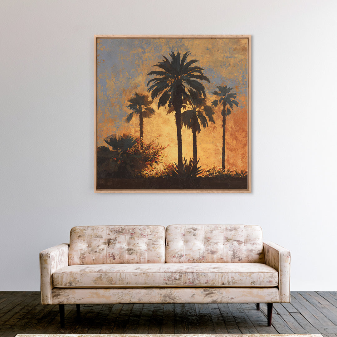 Palm Tree Silhouettes Framed Canvas Print, Tropical Art, Beach Prints, Living Room Decor, Watercolor Art, Tropic, TRO-1x1-100
