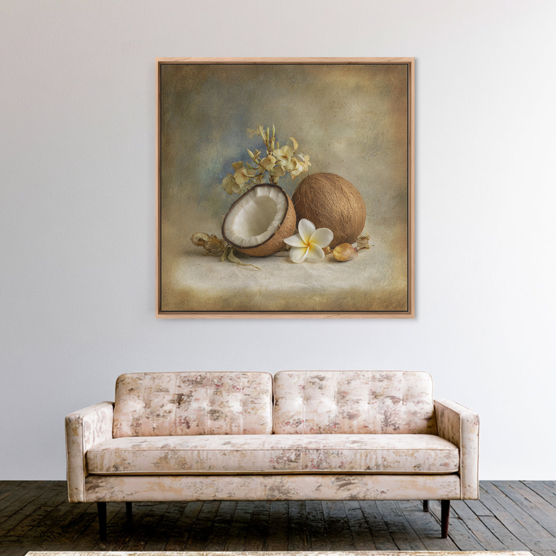Coconut and Plumeria Still Life Framed Canvas Print, Tropical Art, Decor, Living Room Decor, Fine Art, Tropic, Bird Art, TRO-1x1-12