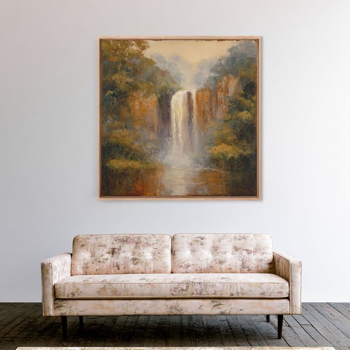 Jungle Waterfall with Misty Light Canvas Print, Tropical Art, Beach Prints, Living Room Decor, Watercolor Art, Tropic, TRO-1x1-13