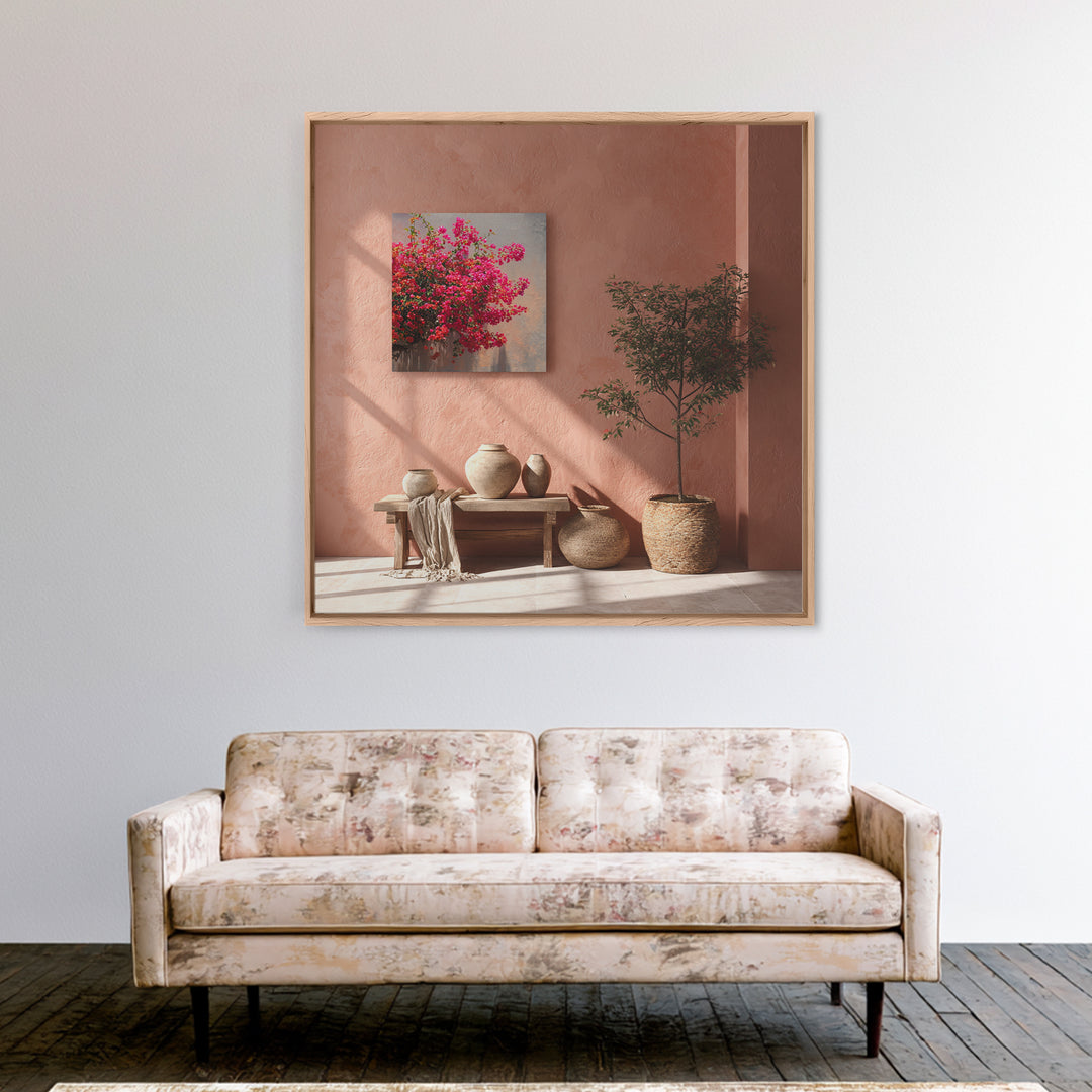 Pink Bougainvillea over White Wall Framed Canvas Print, Tropical Art, Bird Art, Living Room Decor, Watercolor Art, Tropic, TRO-1x1-16