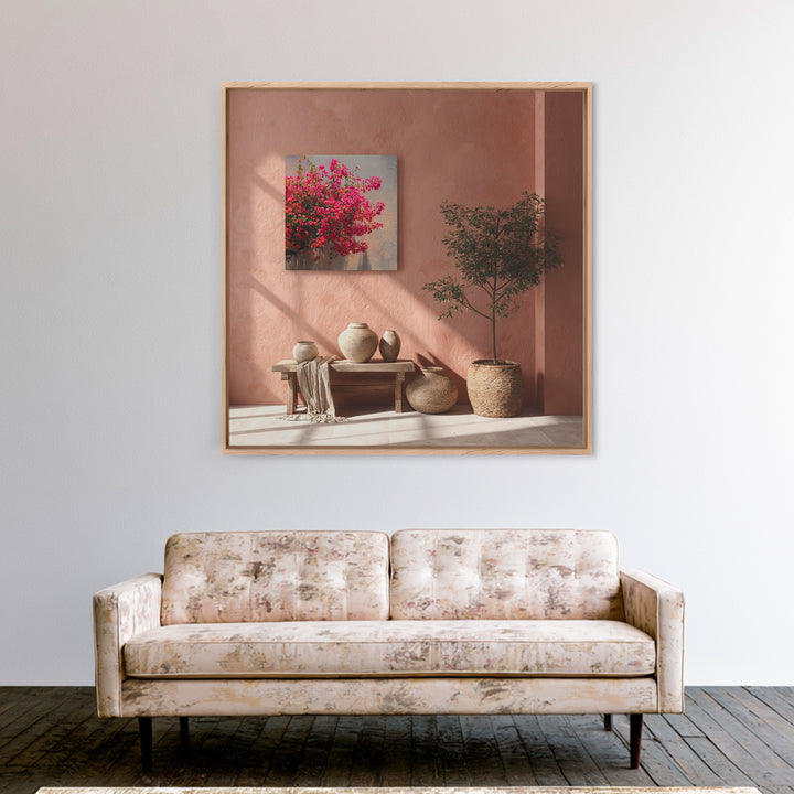Pink Bougainvillea over White Wall Framed Canvas Print, Tropical Art, Bird Art, Living Room Decor, Watercolor Art, Tropic, TRO-1x1-16