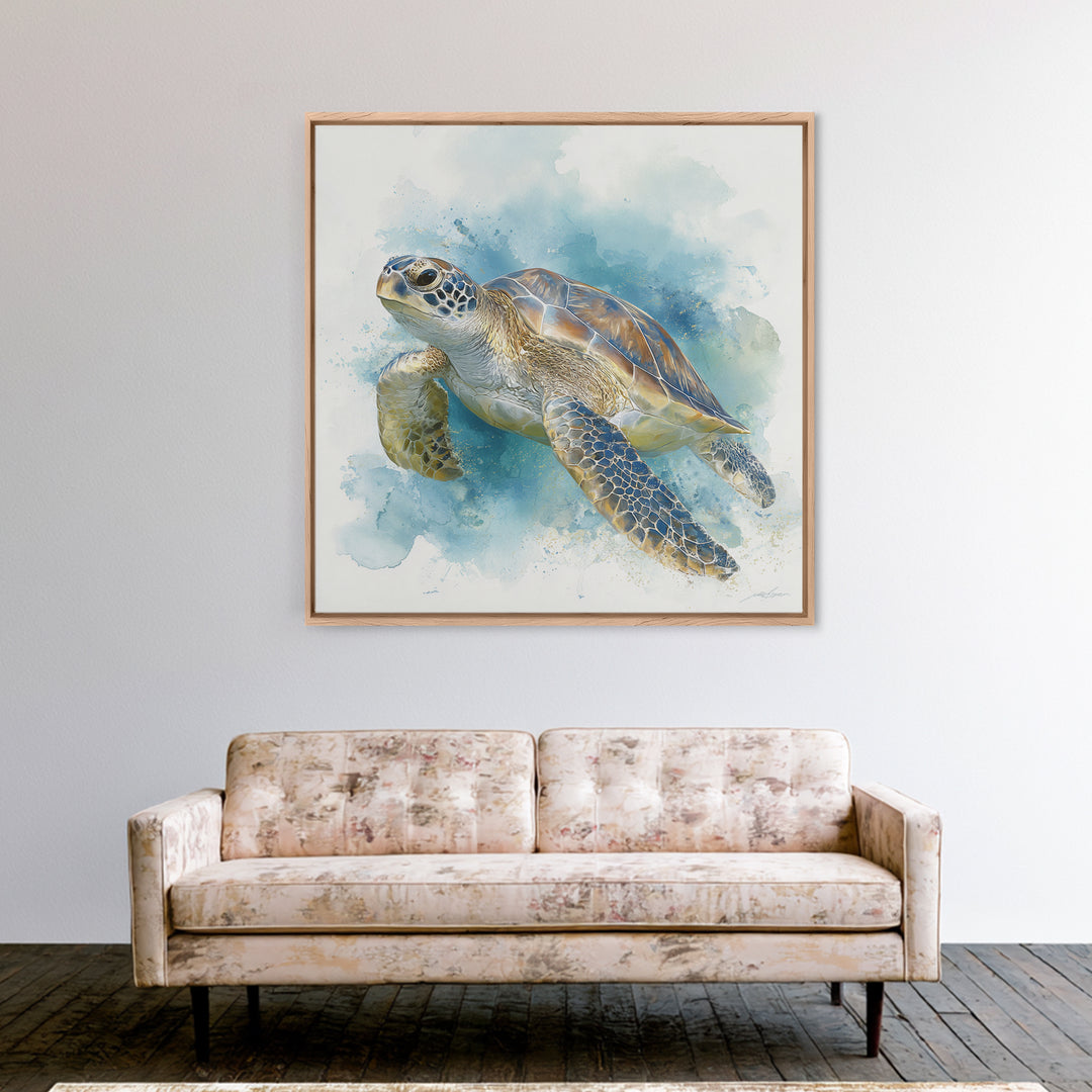 Sea Turtle Near Tropical Reef Canvas Print, Tropical Art, Bird Art, Living Room Decor, Watercolor Art, Tropic, Whimsical Art, TRO-1x1-19