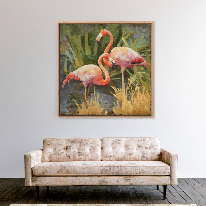 Pink Flamingos Among Tropical Water Plants Framed Canvas Print, Tropical Art, Beach Wall Art, Living Room Decor, Tropic, TRO-1x1-2