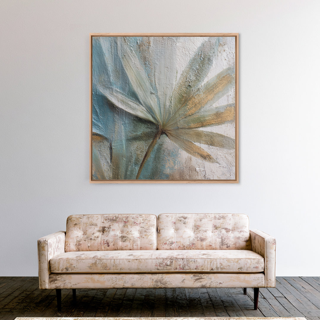 Rain Soaked Palm Leaf Closeup Framed Canvas Print, Tropical Art, Neutral Decor, Living Room Decor, Oil Painting, Tropic, TRO-1x1-21