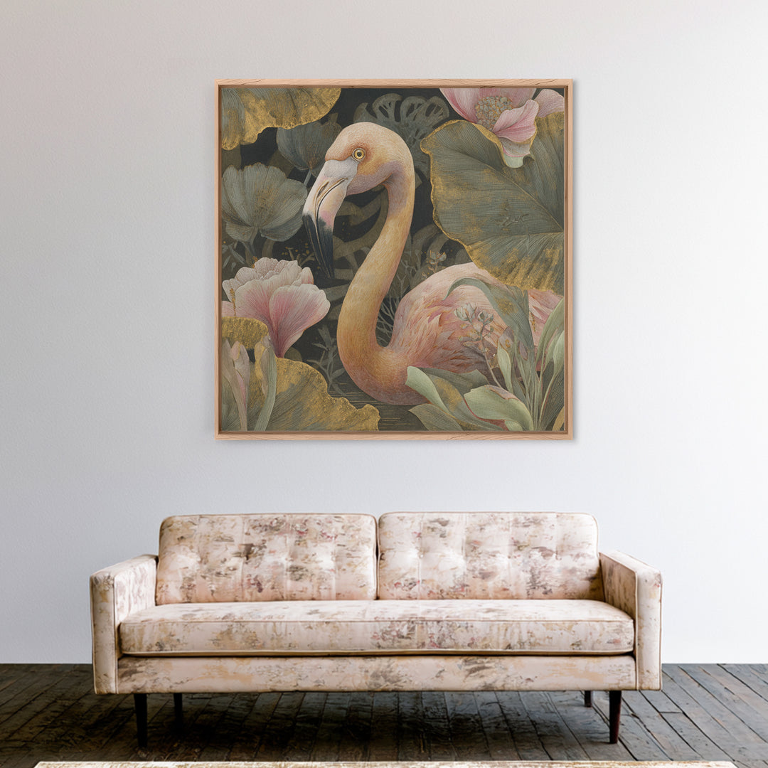 Pink Flamingos Among Tropical Water Plants Canvas Print, Tropical Art, Whimsical Art, Living Room Decor, Fine Art, Tropic, TRO-1x1-26