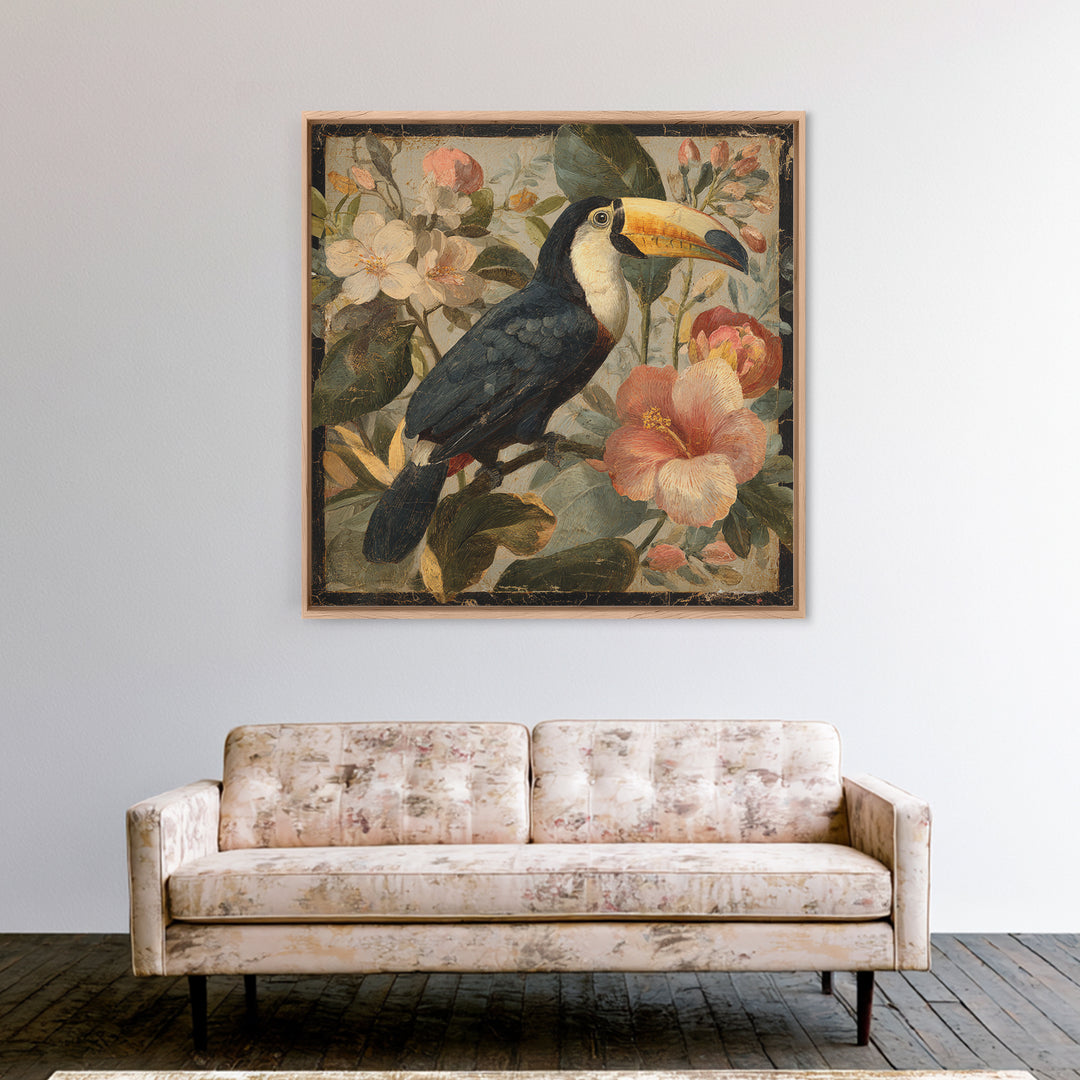 Toucans Surrounded by Bright Jungle Flowers Canvas Print, Tropical Art, Printable Art, Living Room Decor, Fine Art, Tropic, TRO-1x1-3