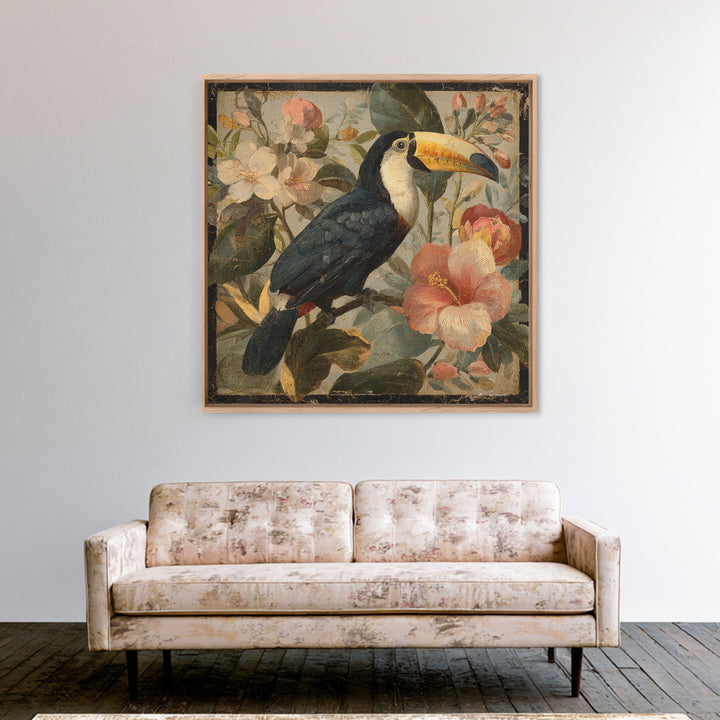 Toucans Surrounded by Bright Jungle Flowers Canvas Print, Tropical Art, Printable Art, Living Room Decor, Fine Art, Tropic, TRO-1x1-3