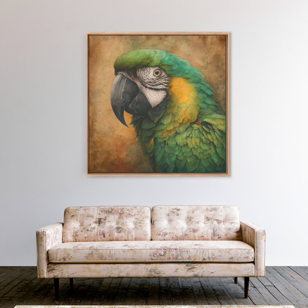 Parrot Portrait with Emerald Feathers Framed Canvas Print, Tropical Art, Gallery Decor, Living Room Decor, Fine Art, Tropic, TRO-1x1-32