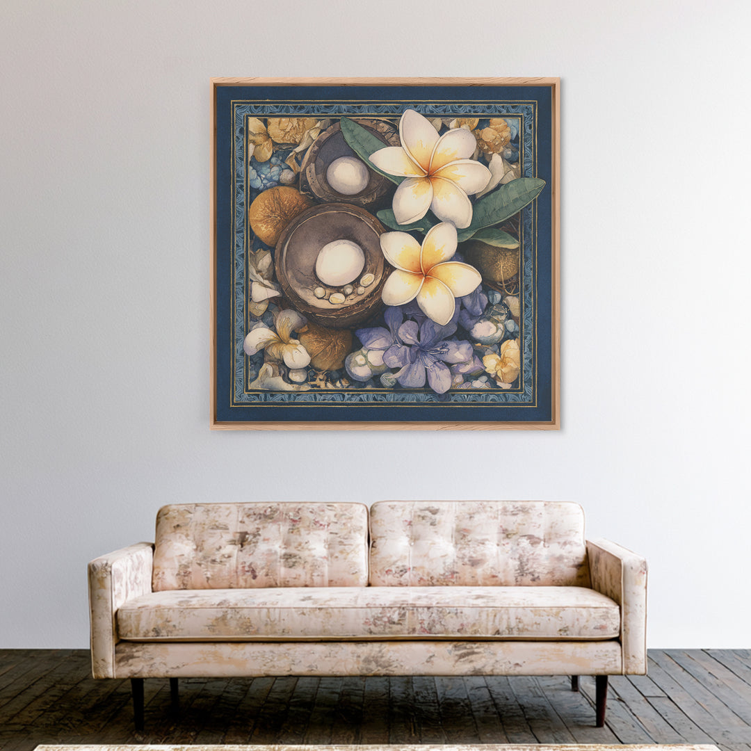 Coconut and Plumeria Still Life Canvas Print, Tropical Art, Printable Wall Art, Living Room Decor, Watercolor Art, Tropic, TRO-1x1-36