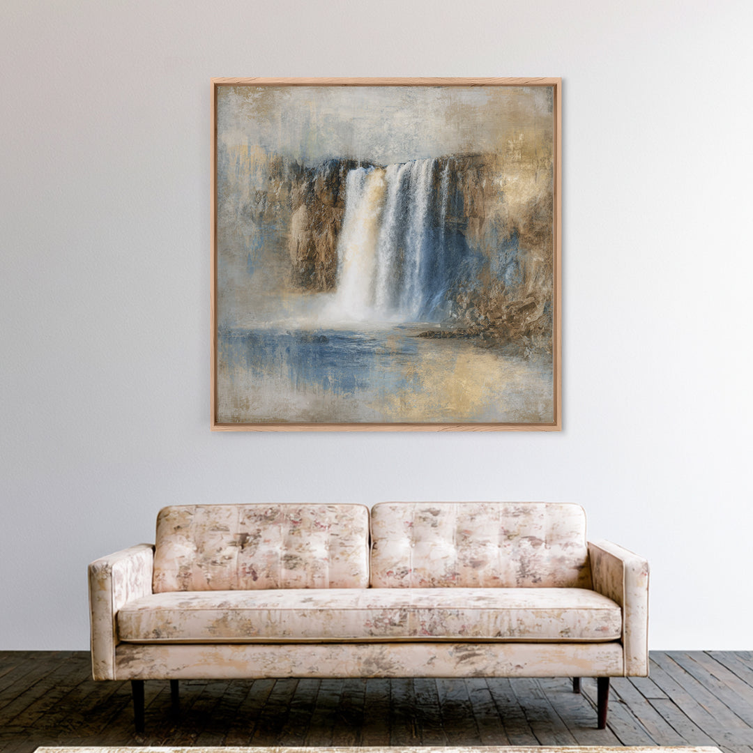 Jungle Waterfall with Misty Light Framed Canvas Print, Tropical Art, Boho Decor, Living Room Decor, Oil Painting, Tropic, TRO-1x1-37