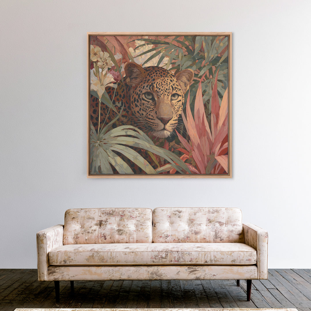 Leopard Hidden Among Palm Leaves Framed Canvas Print, Tropical Art, Gallery Decor, Living Room Decor, Fine Art, Tropic, TRO-1x1-38