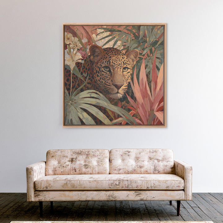 Leopard Hidden Among Palm Leaves Framed Canvas Print, Tropical Art, Gallery Decor, Living Room Decor, Fine Art, Tropic, TRO-1x1-38